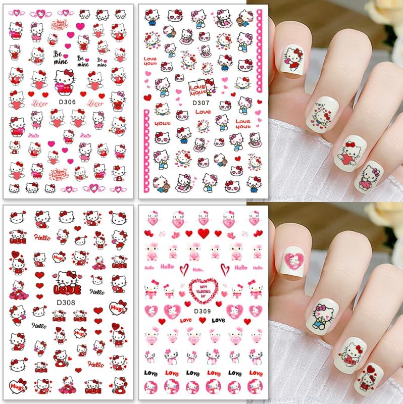 Valentines Nail Stickers Pink Cat Nail Art Stickers 3D Cat Self-Adhesive Nail Design Supply Heart Lover Romantic Cartoon Nail Decals for Women Girls DIY Manicure Decoration
