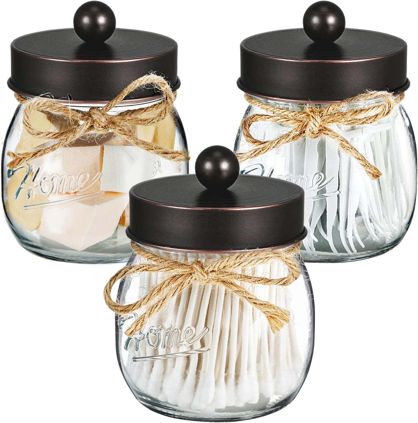 SheeChung Bathroom Decor, Bathroom Organizers and Storage, Qtip Holder, Vanity Decor, Cute Mason Jars for Cotton Swabs, Balls, Cotton Pads, Floss Picks (Oil Rubbed Bronze, 3 Pack)