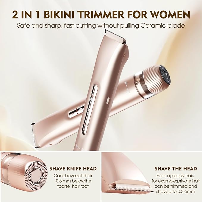 2025 New 2-in-1 Electric Shaver & Bikini Trimmer for Women & Womens Electric Razor, IPX7 Waterproof Wet&Dry Body Hair Remover for Face Legs Underarms, Dual Head Rechargeable Razor(Rose Gold)