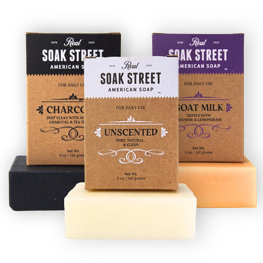 Real American Soap (Variety Bundle, 3 Pack) – Natural Bar Soap Made with Grass-Fed Tallow, Conditioning Lard, & Pure Coconut Oil – Unscented, Charcoal & Tea Tree Oil, & Lavender Goat Milk