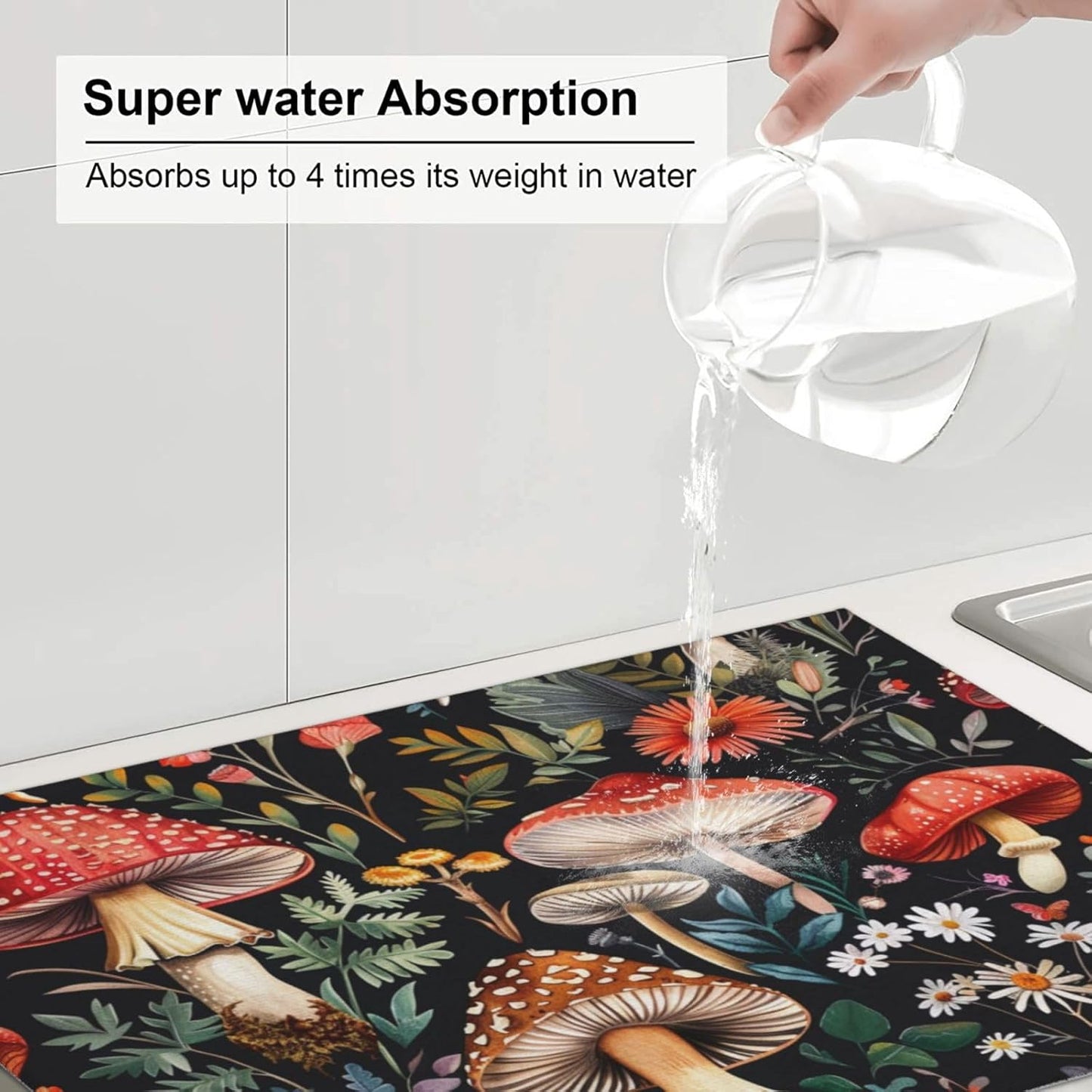 Forest Floral Mushroom Dish Drying Mat For Kitchen Counter Absorbent Large Kitchen Fast Dry Pad Reusable Washable Protector Rack Large Mat 18 X 24