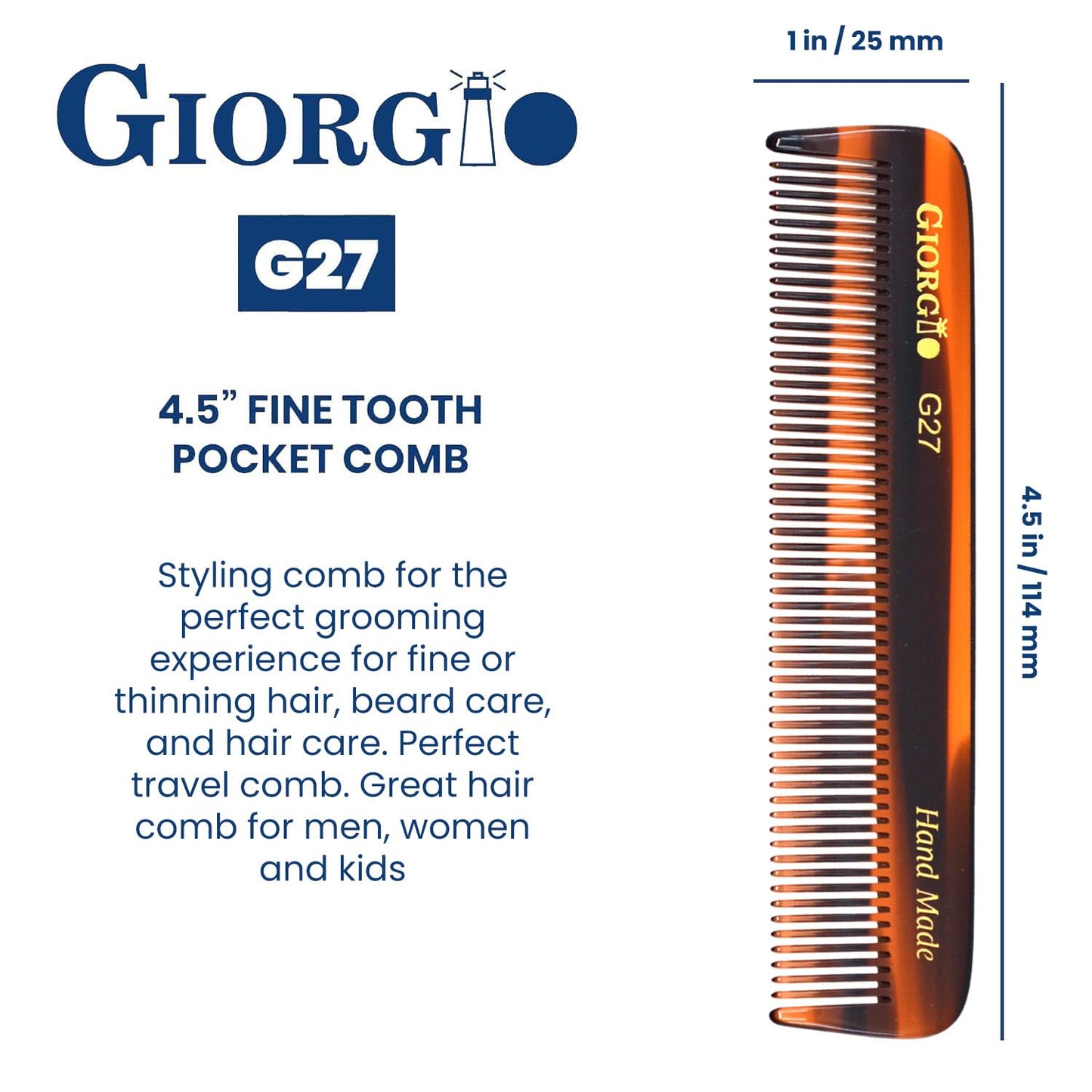 Giorgio G27 Handmade All Fine Tooth Pocket Comb, Hair Comb Straightener for Everyday Grooming Styling Hair, Mustache and Beard for Men Women and Kids, Saw Cut and Polished (Tortoiseshell)