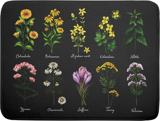 Black Flower Herbs Dish Drying Mat 18x24 Inch Botanical Floral Microfiber Drying Mats with Hanging Loop Foldable Absorbent Dish Drainer Rack Pad