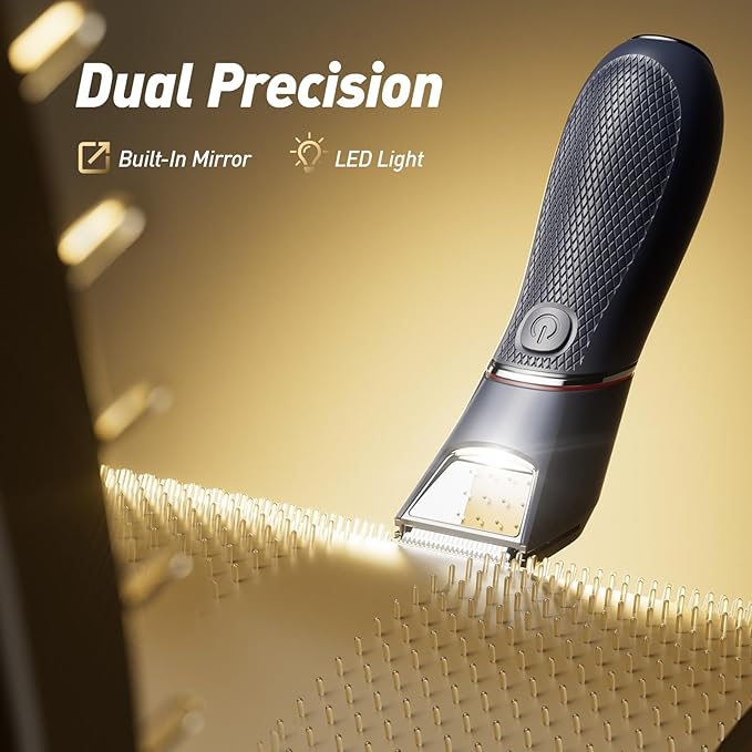 Body Hair Trimmer for Men: Pubic Hair Trimmer with Mirror & LED Light - Electric Ball Shavers with Ceramic Blades & Travel Lock - Body Groomer IPX7 Waterproof Wet/Dry Use for Groin/Legs/Chest