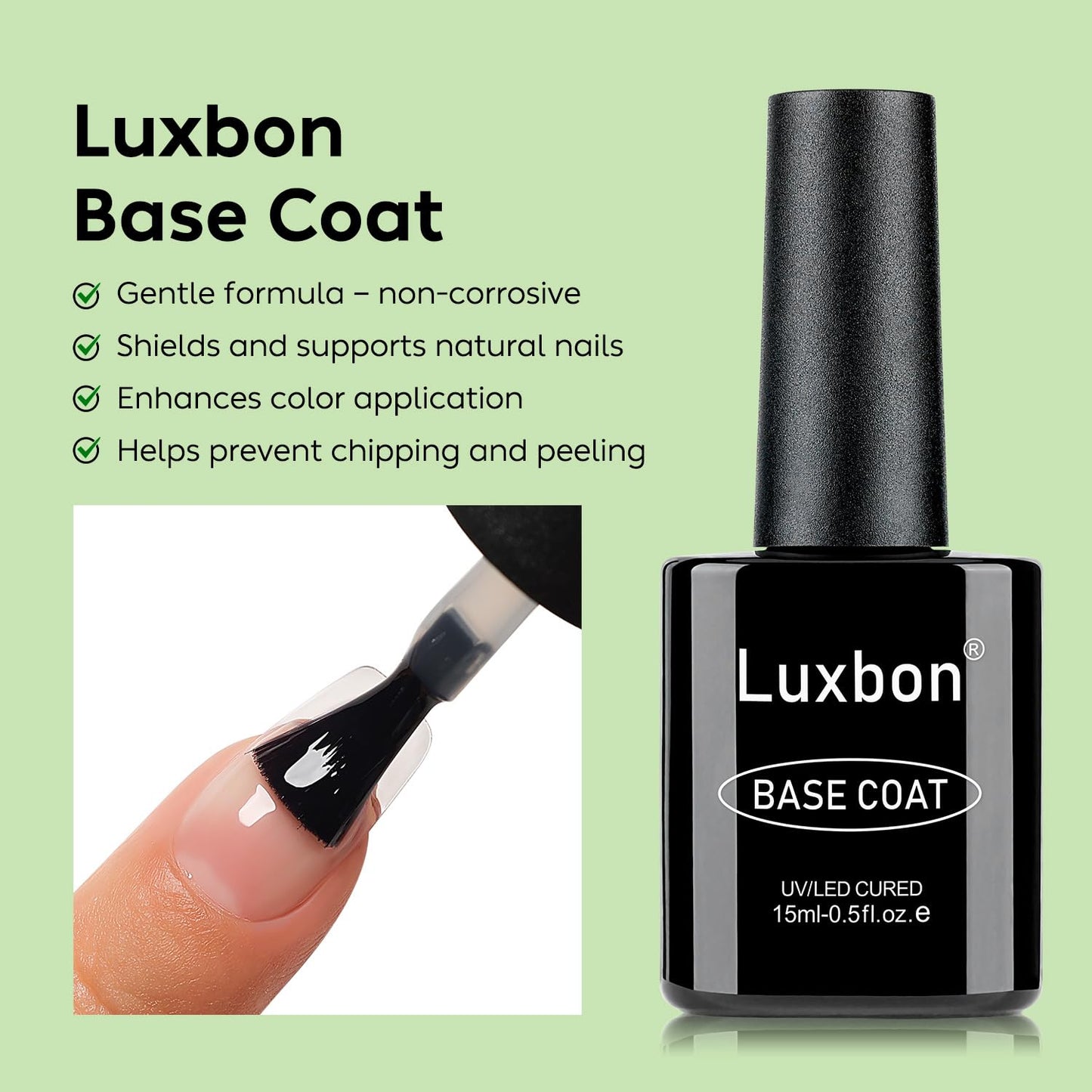 Luxbon 2 Pcs 15ml No Wipe Gel Top Coat and Base Coat Set - Long Lasting, Shine Finish, UV LED Nail Lamp Soak Off Gel Base Top Coat Manicure