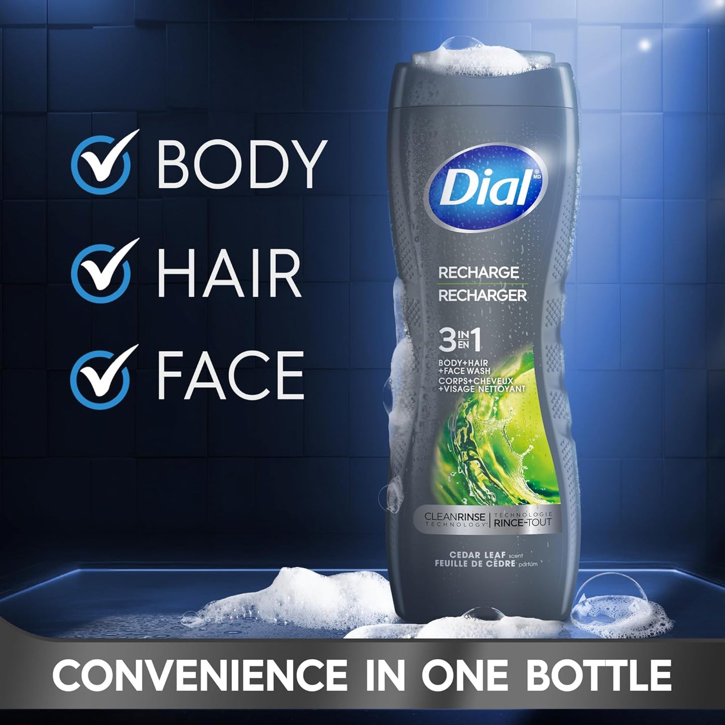 Dial Men 3 in 1 Body, Hair and Face Wash, Recharge, 16 Fl Oz (Pack of 4), Cedar Leaf Scent, Cleanses Deep + Gentle on Skin with Clean Rinse Technology