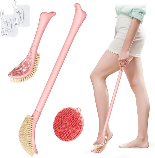 New Foot Brush & Silicone Body Scrubber Set(2PCS), 3-in-1 Foot Scrubber with Extra-Long Handle, 10.2’’-27.5’’Adjustable Feet Scrub Brush and Silicone Loofah, Gift-Box Packed(Pink+Loofah)