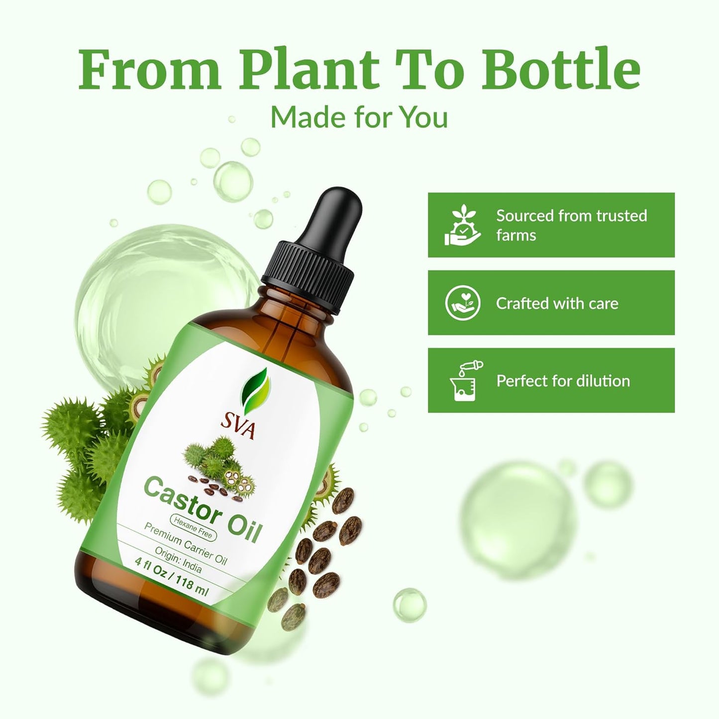 SVA Castor Seed Oil - 4 Fl Oz – 100% Natural Cold Pressed Castor Oil - for Face, Skin Care, Hair Care, Scalp Massage & Body Massage – Carrier Oil with Dropper