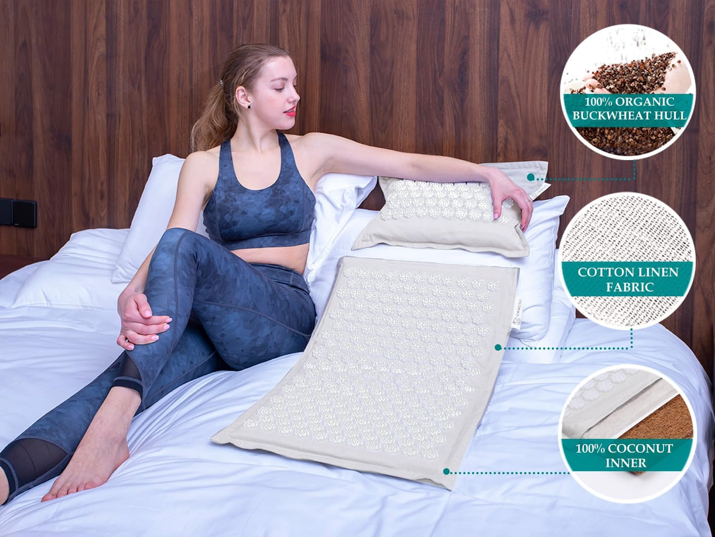 UNMERA Acupressure Mat and Pillow Set,Natural Eco Linen & Coconut Fiber Filling,for Back/Neck Pain Relief, Sciatic, Headache and Muscle Relaxation, Comes with Carrying Bag
