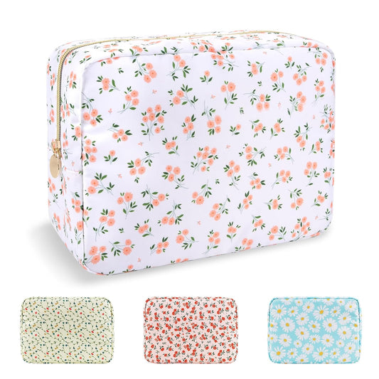 Waterproof Large Floral Makeup Pouch,Nylon Travel Toiletry Storage Purse Preppy Cosmetic Bag for Women Girl,Large Capacity Makeup Organizer Zipper Pouch for Work(L White-Flowers)