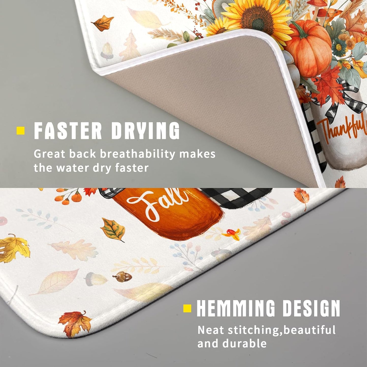 Autumn Pumpkin Dish Drying Mat 16x18 Inch Sunflower Flower Vase Washable Draining Mat with Hanging Loop Seasonal Holiday Home Decoration