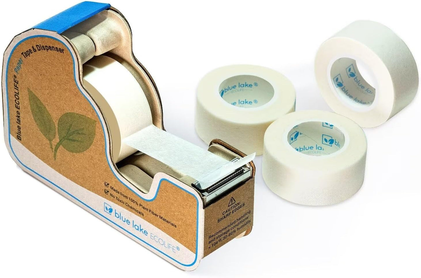Blue Lake ECOLIFE Masking Tape Dispenser，Plastic-Free Masking Tape Dispenser with 4 Rolls 3/4 in x 550 in Paper Tape, Label Tape Dispenser Desk for Masking, Labeling, Office Home School