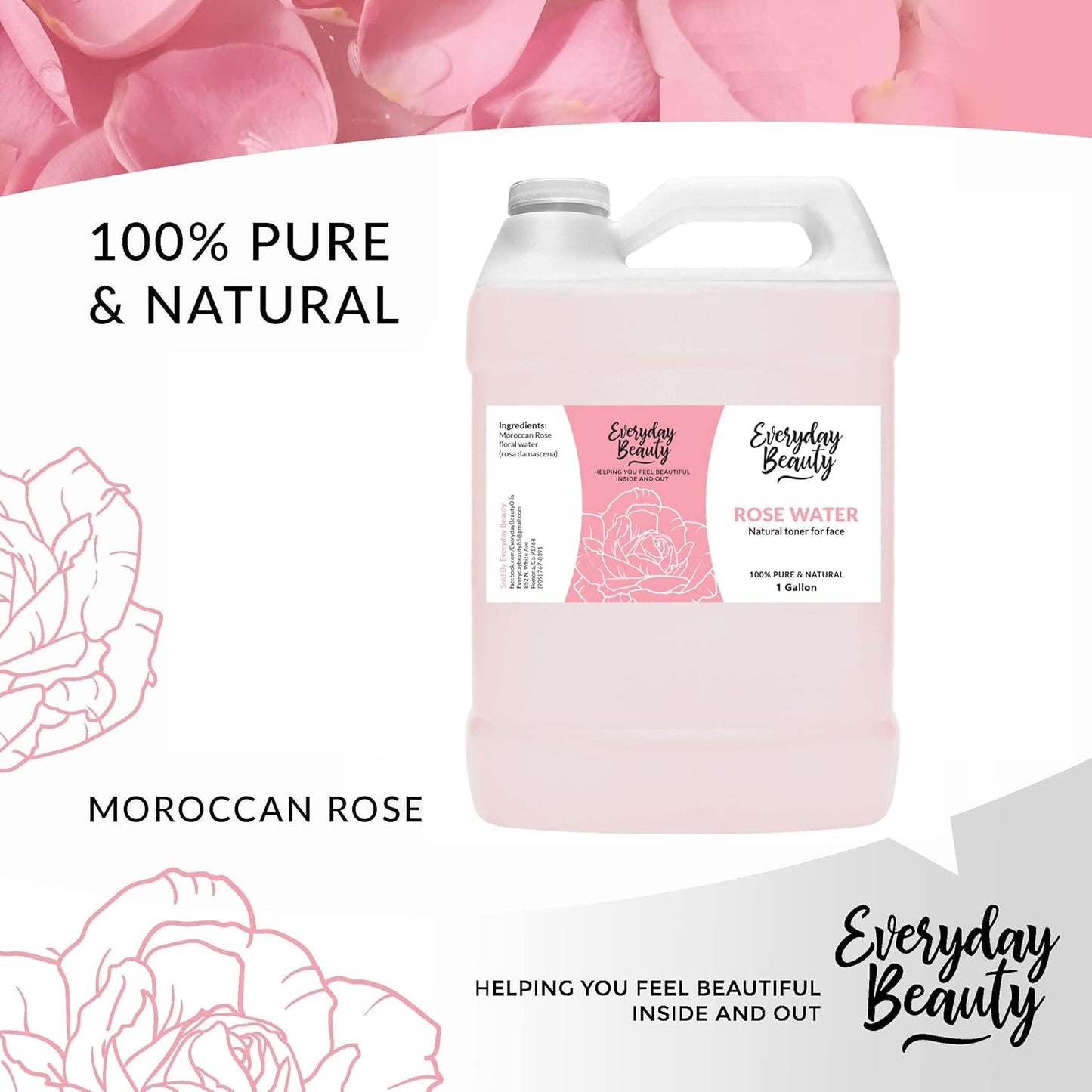 Rose Water Facial Toner Bulk - 1 Gallon Alcohol-Free Vegan All Natural Refreshing for Face and Hair - Uplifts, Calming & Soothing for All Skin Types