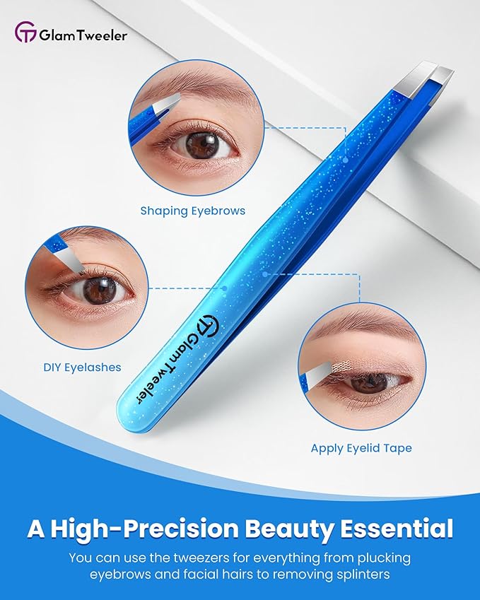 Expert Slant Tip Tweezers with Leather Travel Case, GlamTweeler Sharp & Precision Stainless Steel Tweezer for Eyebrows, Facial Hair and Fine Hairs Removal (Sparkle Royal Blue & Aqua)