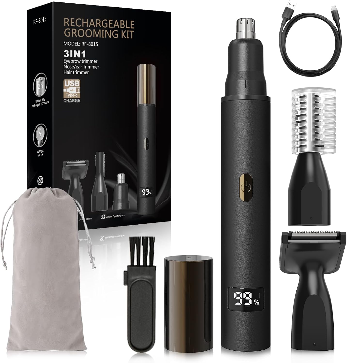 3-in-1 Nose Hair Trimmer for Men & Women – Electric Ear and Nose Hair Trimmer, Eyebrow Trimmer, USB-C Rechargeable Facial Hair Removal Device, Stainless Steel Blades, Digital LED Display