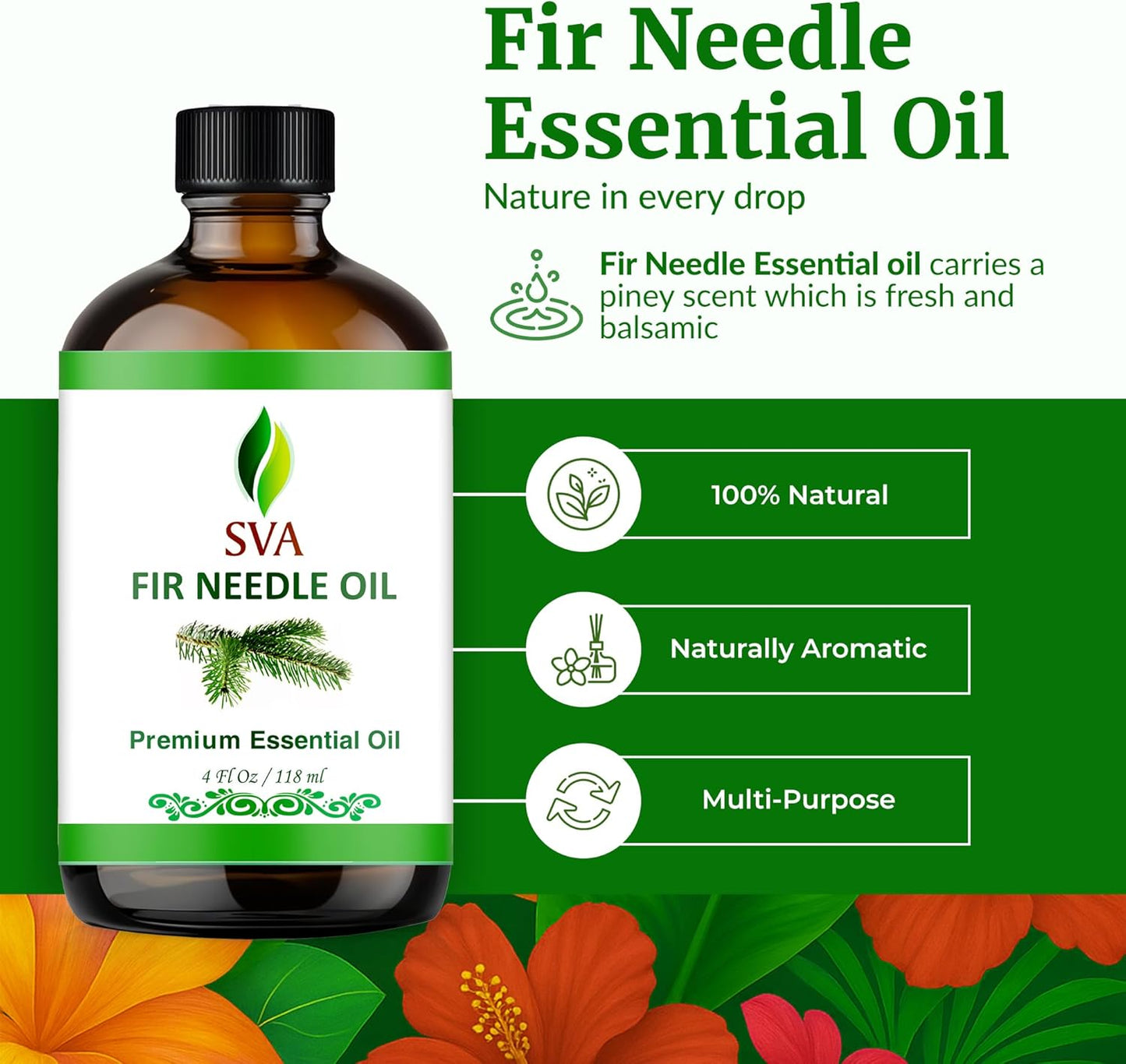 SVA Fir Needle Essential Oil – 4 Fl Oz – 100% Natural Fir Needle Oil - for Diffuser, Hair Care, Face, Skin Care, Aromatherapy, Scalp and Body Massage, Soap and Candle Making – with Dropper