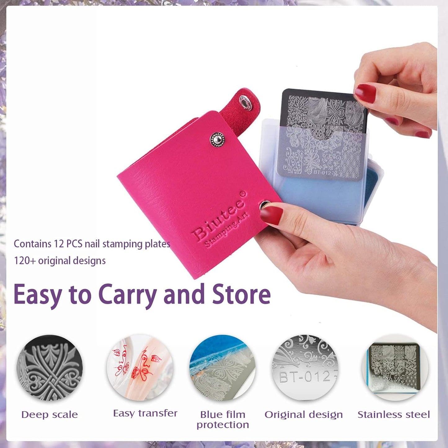 Biutee Nail Stamper Kit Nail Art Stamping Plate Set Stamping Polish Gel Stamp Plate Jelly Silicone Stamper Scraper Flower Lace Line Kiss Stencil Template Tool Supplies for Holiday (Storage Bag)