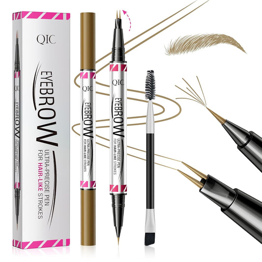 2 Pack Eyebrow Pen, Brow Pencil 2-in-1 Dual-Ended Microblading Eyebrow Pencil with 2-Fork-Tip and Precise Brush-Tip, Waterproof Long Lasting Eyebrow Pen for Natural Hair-Like Brows(Light Brown*2)