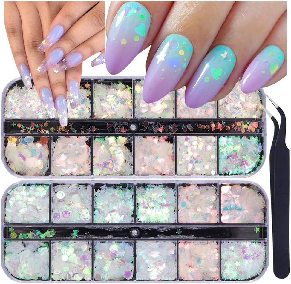 24 Grids Holographic Nail Sequins and 1 Pcs Tweezers,Iridescent Mermaid Flakes Ultra-Thin Colorful Flakes Glitter Sticker,DIY Face Body Eyes for Nail Art Decoration