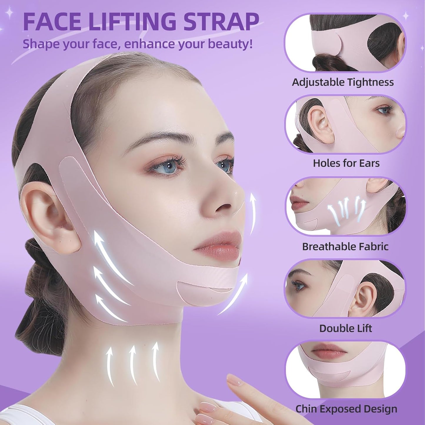 Facial Lifting Belt - V Line Lifting Mask Chin Strap,Face Lift Tape with Adjustable Straps, V-Shaped Double Chin Reducer, 3D Contoured Design for Facial Shaping,Jawline Shaper and Sleeping