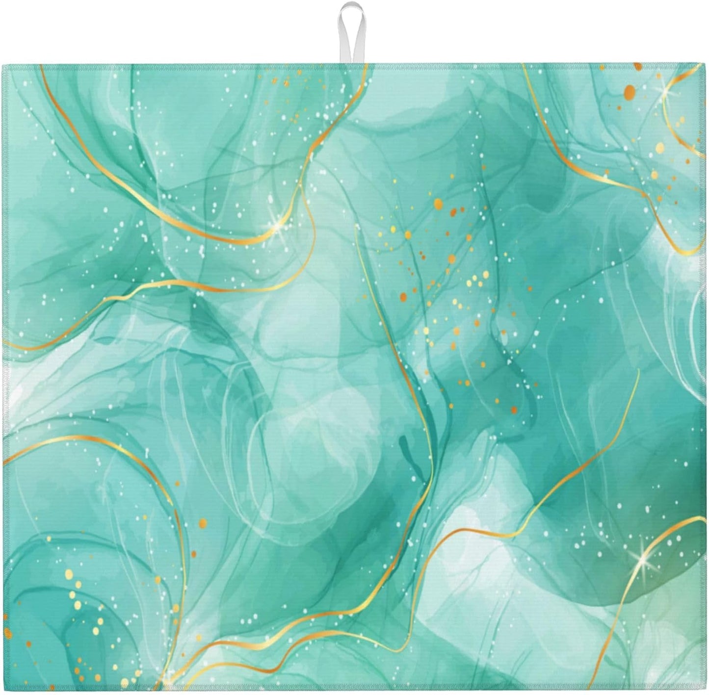 Teal Gold Marble Dish Drying Mat for Kitchen Counter Green Turquoise Dish Drainer Rack Mats 16x18 Inch Absorbent Reversible Modern Drying Pad