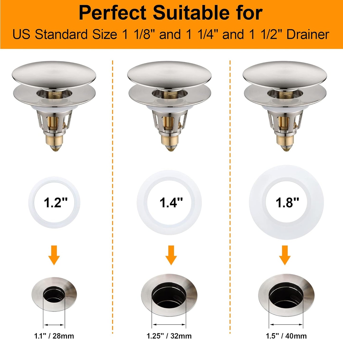 Bathroom Sink Drain Stopper 1.1~1.5 Inch, Universal Pop Up Sink Stopper, Anti-Clogging Sink Drain Strainer with Hair Catcher, Bounce Push Type Sink Drain Filter (Brushed Nickel)