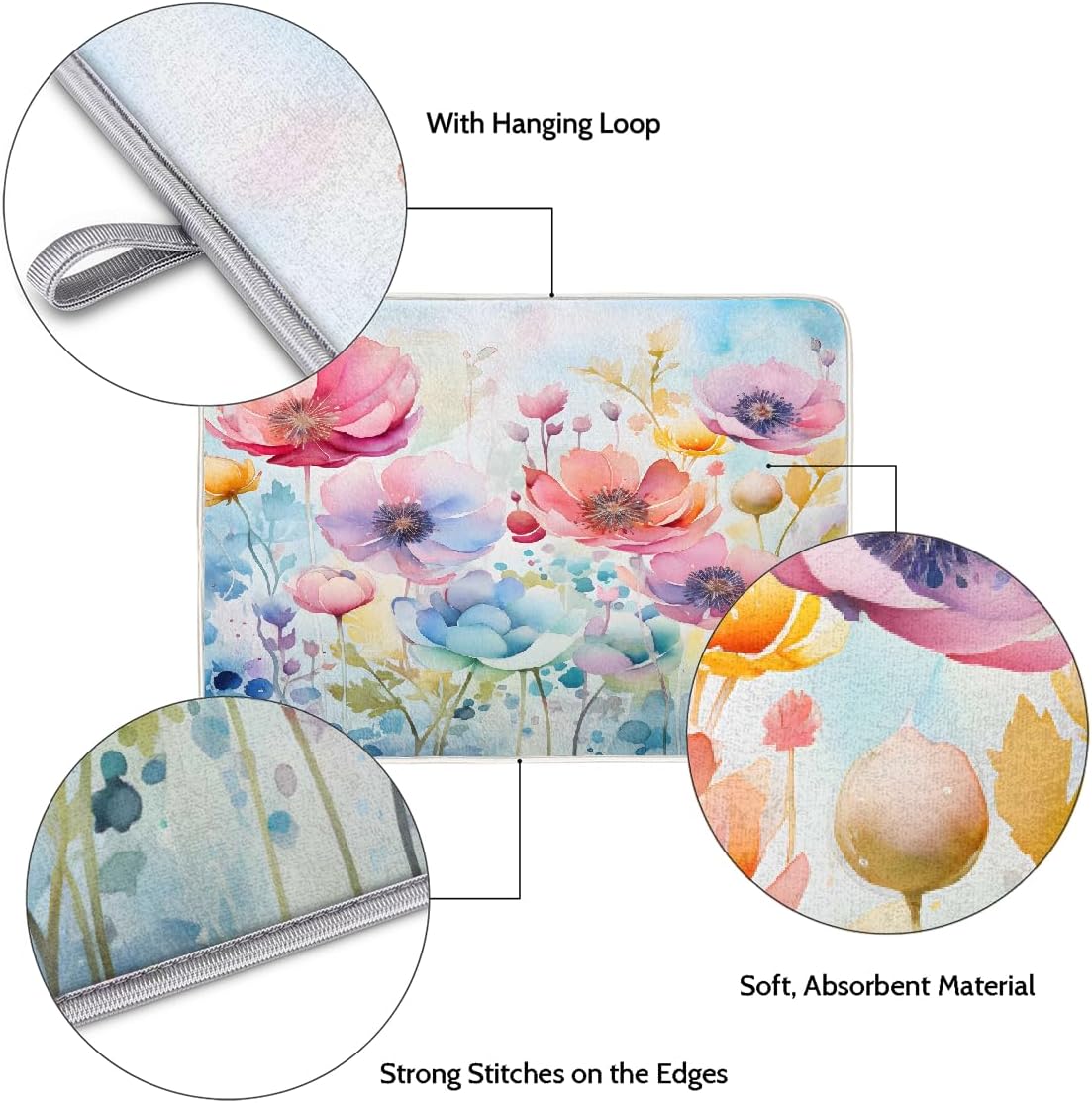 Dish Drying Mat Watercolor Spring Colorful Flowers Large Drying Mat for Kitchen Counter 18x24in Absorbent Dish Drainer Rack Pad, Heat Resistant Coffee Bar Mats Countertop Protector