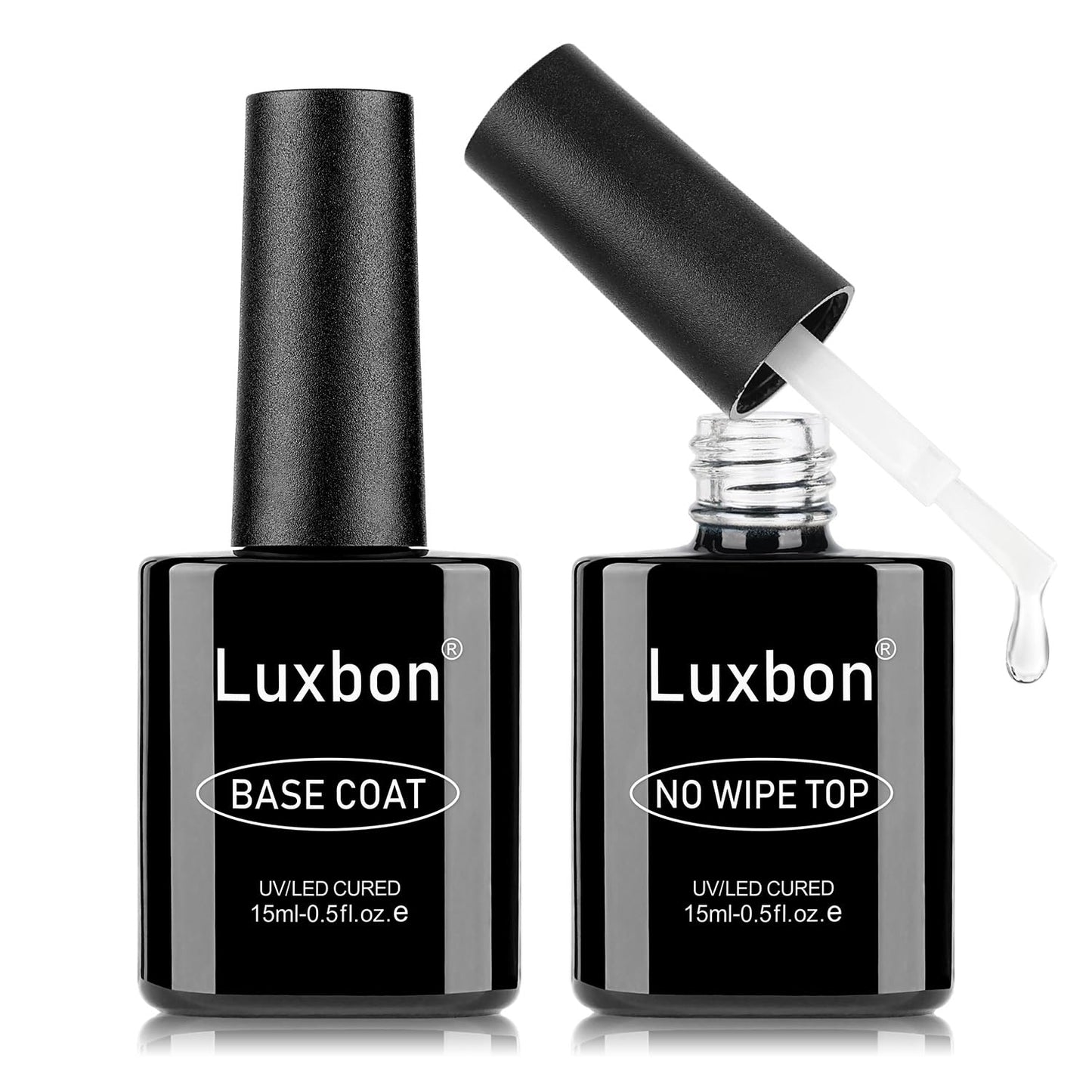Luxbon 2 Pcs 15ml No Wipe Gel Top Coat and Base Coat Set - Long Lasting, Shine Finish, UV LED Nail Lamp Soak Off Gel Base Top Coat Manicure