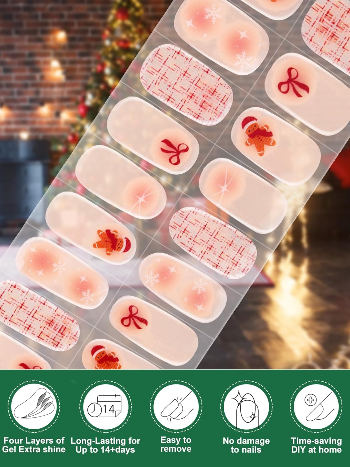 EBANKU 24PCS Christmas Semi-Cured Gel Nail Strips, Bow Tie Adhesive Nail Art Sticker, Waterproof Wrap Stickers With Nail File and Stick