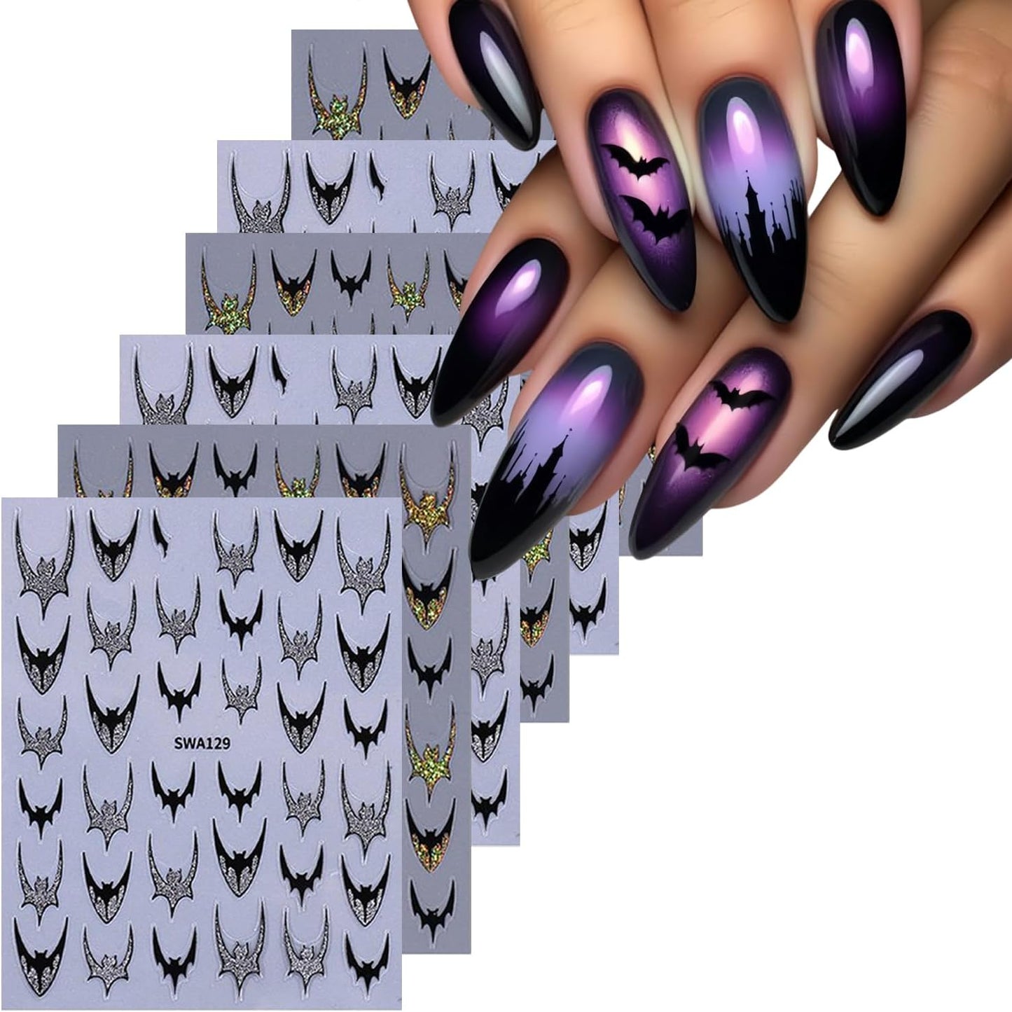 6 Sheets Halloween Nail Art Stickers 3D Self -Adhesive Bat Nail Decals Holographic Hot Stamping Gold Silver Bat Nail Stickers Halloween French Nail Decoration for Women Manicure Supplies