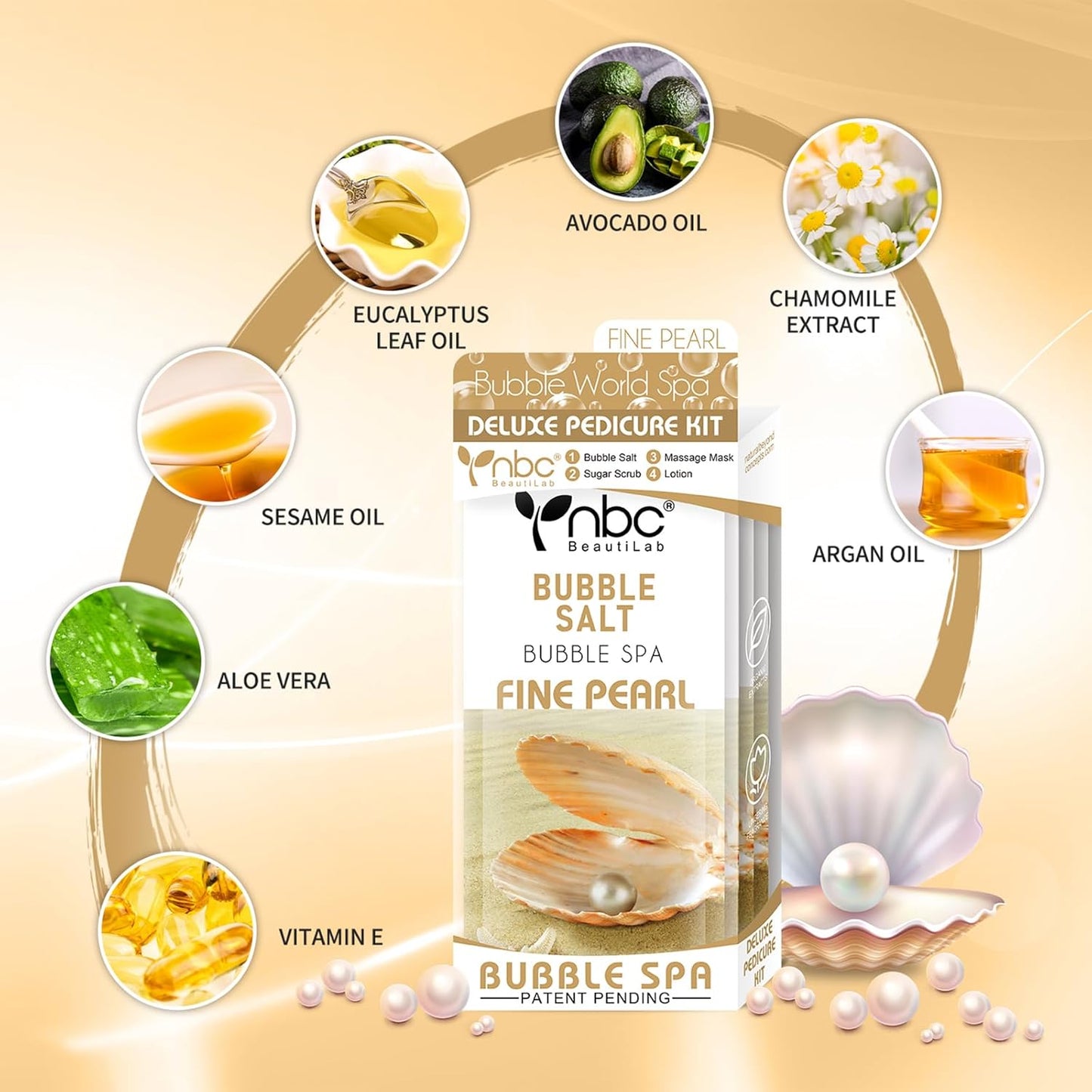 Pedicure Kit Foot Soak Set: Bubble Salt, Sugar Scrub, Massage Mask, Massage Lotion in a Box, 4 Step Foot Spa Kit for Dry Feet,Tired Feet（1 Set Pearl )