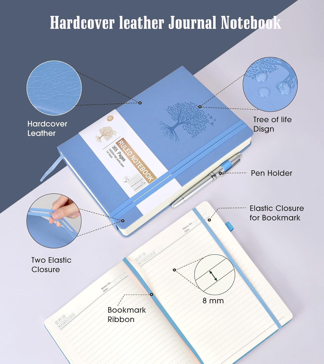 Lined Journal Notebook, 365 Pages B5 Large Hardcover Leather Journal for Women Men, College Ruled, 100Gsm Thick Paper (7.6'' X 10'' Blue)