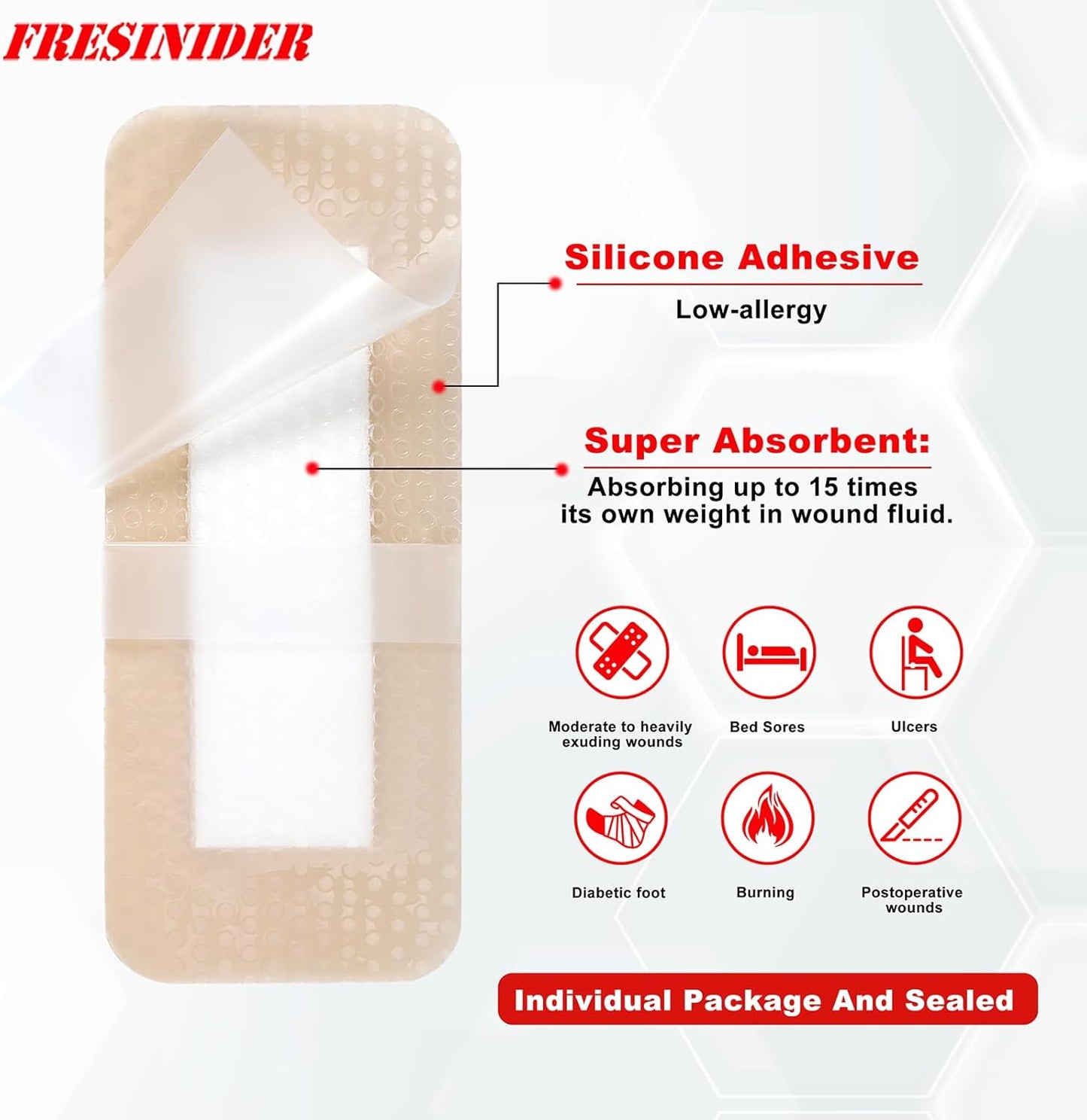 FRESINIDER 4" x 8" Pack of 5 Silicone Foam Wound Dressing - Waterproof Adhesive Bandages with Bordered - Super Absorbent & Breathable for Optimal Wound Care