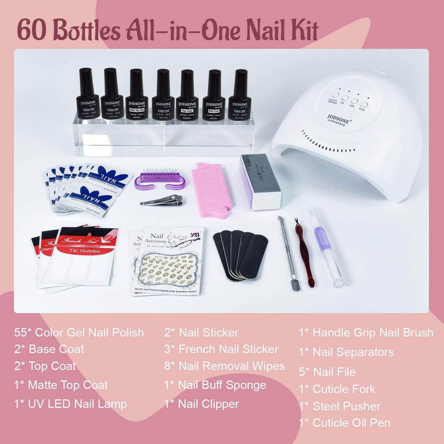 JODSONE Gel Nail Polish Kit 60 PCS with U V Light Soak off Base Top Coat 55 Shine Colors Gel Nail Kit Bright and Dark Brown Wine Red Series Manicure Set for Women and Girls