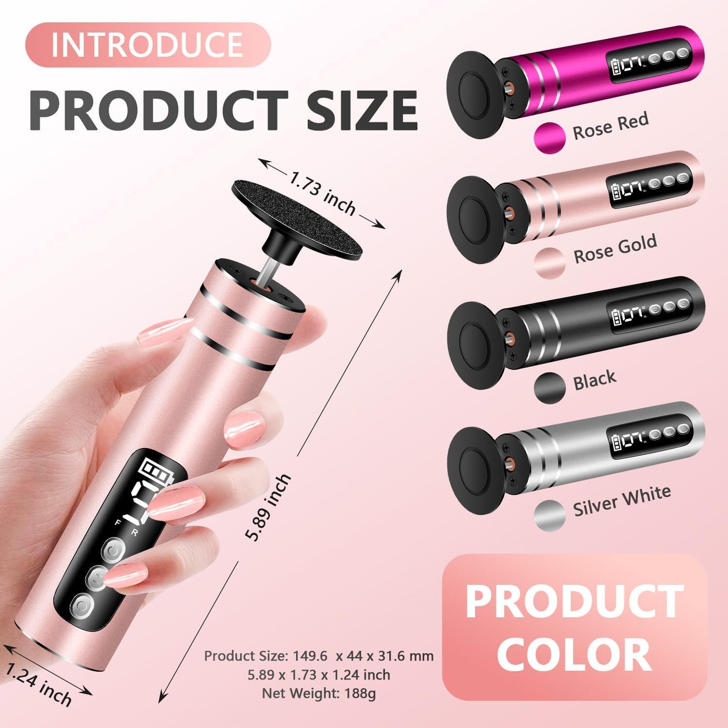 EAONE Portable Electric Foot File-Callus Remover for Feet, Professional 2 in 1 Foot/Nail Filer -Digital Display for Battery Level & 9 Speed Control-Rechargeable Pedicure Tool for Dead Skin (Rose Gold)