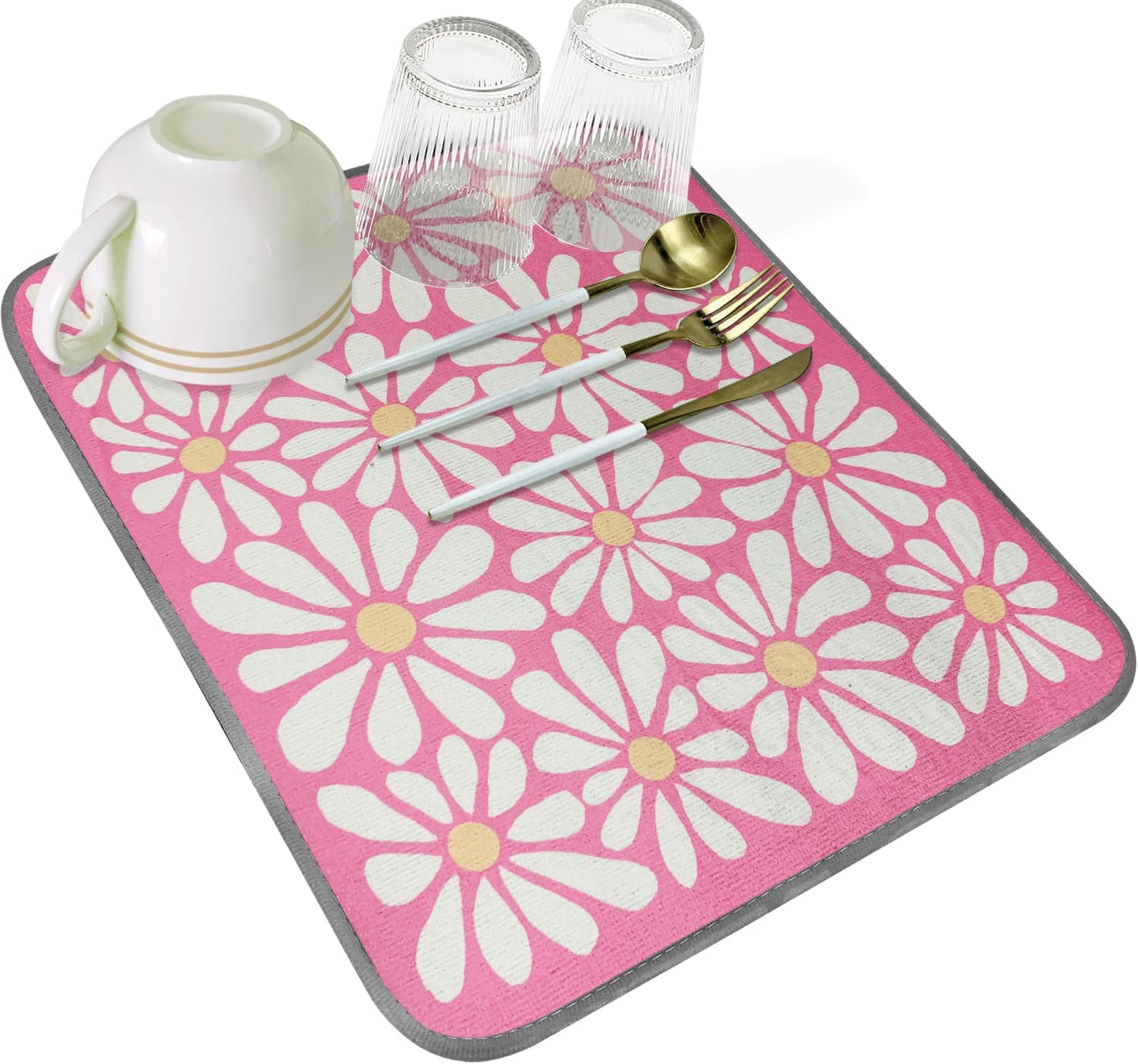 SHIYUE Dish Drying Mat for Kitchen Counter Super Absorbent Spring Kitchen Decor Microfiber Drying Matainers Rack Fast Pad Dish Drainer Mats(Pink Flower,16''x18'')