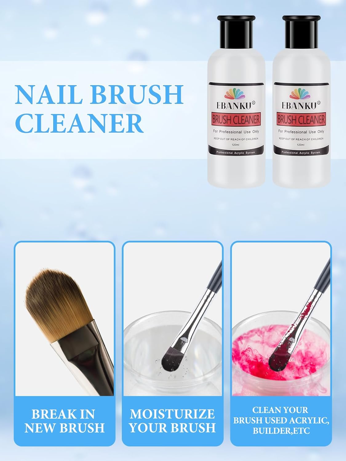 EBANKU 120ml Acrylic Nail Brush Cleaner, 3 in 1 Nail Art Brushes Conditioner Nail Brush Clean Solution Quickly Clean With Glass Cup and Scrub Brush for Solid Gel Polish/Nail Extension Gel