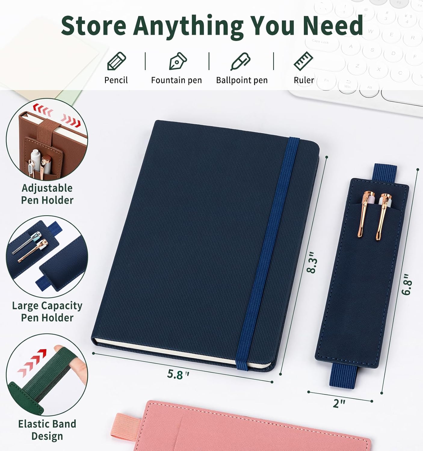 Lined Journal Notebook for Work, A5 Leather Notebook with Pen Sleeve, 100GSM/160 Pages Thick Paper, Daily Journals for Writing, School, Note Taking, Business, Travel, College Ruled
