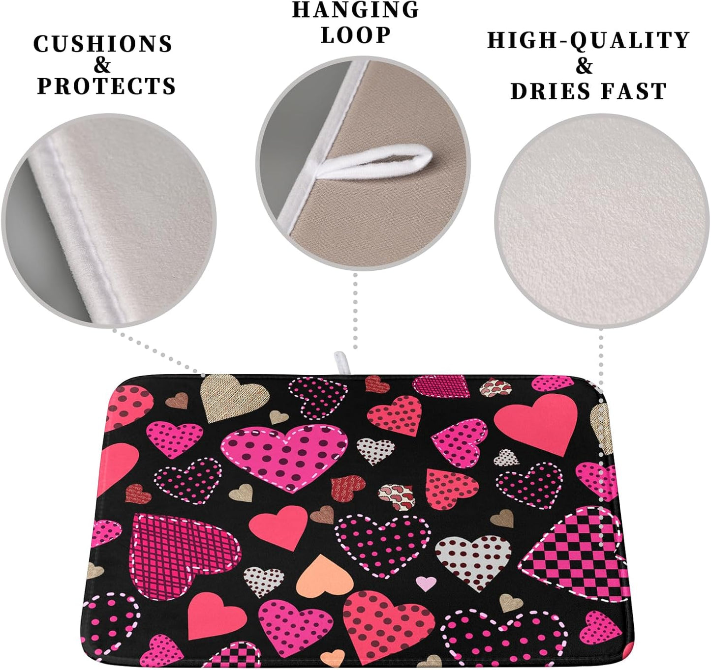 Happy Valentine's Day Kitchen Drying Mats for Dishes 18x24 Inch Love Heart Dish Drying Mat Black Pink Polka Dots Dish Drainer Mat Super Absorbent Dish Rack Pad for Coffee Bar Sinks