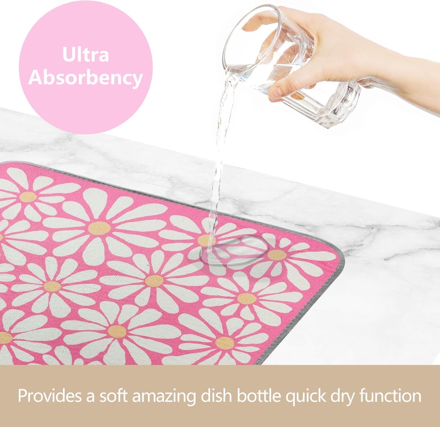 SHIYUE Dish Drying Mat for Kitchen Counter Super Absorbent Spring Kitchen Decor Microfiber Drying Matainers Rack Fast Pad Dish Drainer Mats(Pink Flower,16''x18'')