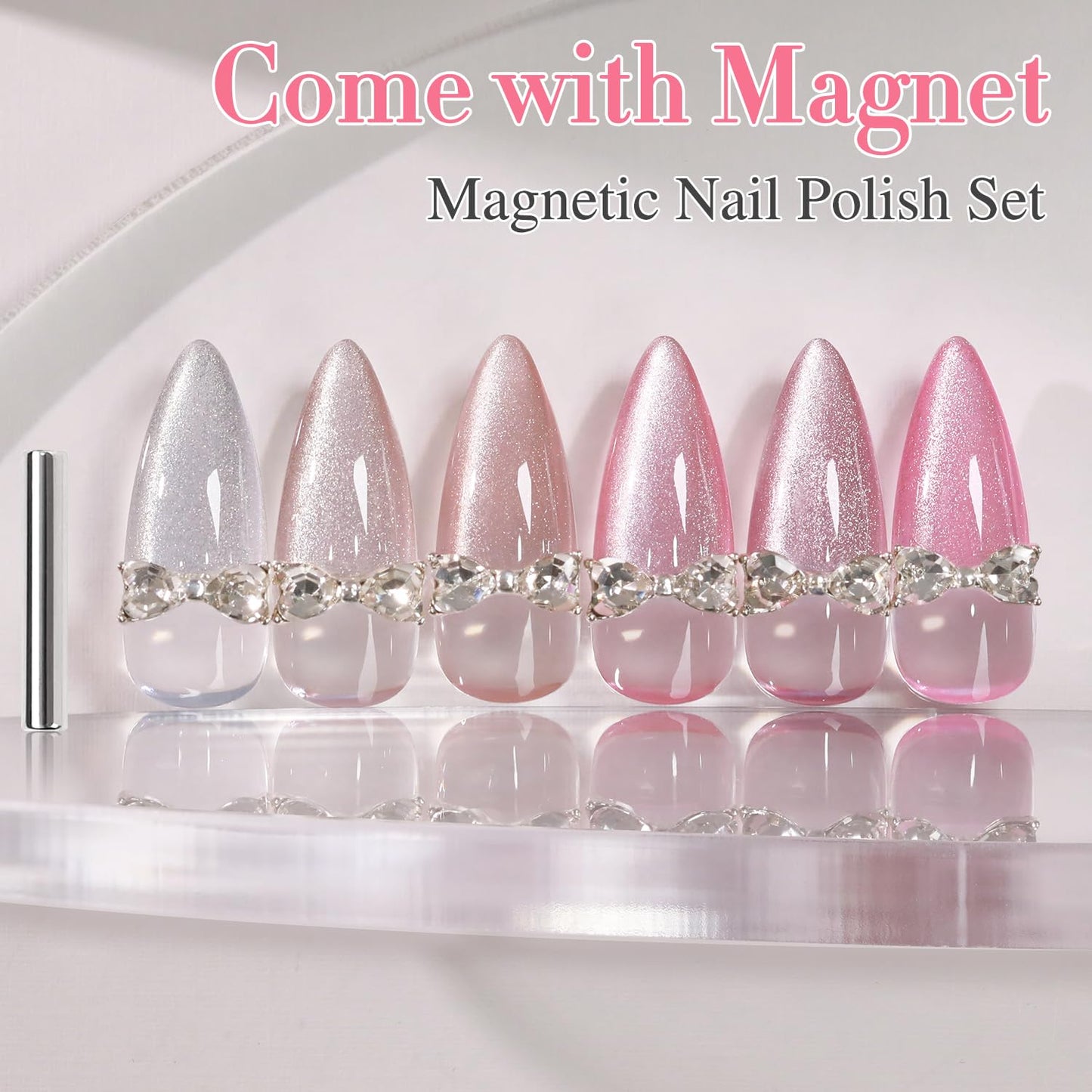 Double Rhythm Cat Eye Gel Nail Polish Set of 6 Same Color Same Bottle 0.5 Oz Shimmer Glitter with Magnet Holographic Reflective Magnetic UV Nail Polish Kit at Home (Silver Nude Pink-T6-42)