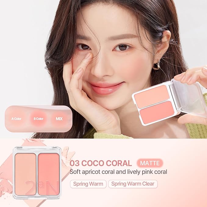 2aN Dual Color Face Blusher, Buildable & Blendable Cheek Color, Natural & Vibrant Finish, Powder Blush, Korean Beauty (03 Coco Coral)