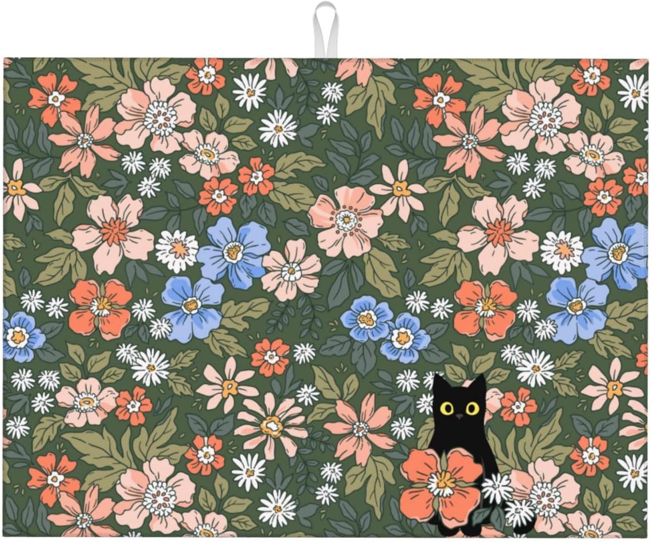 Black Cat Floral Dish Drying Mat For Kitchen Counter Absorbent Large Kitchen Fast Dry Pad Reusable Washable Protector Rack Large Mat 18 X 24