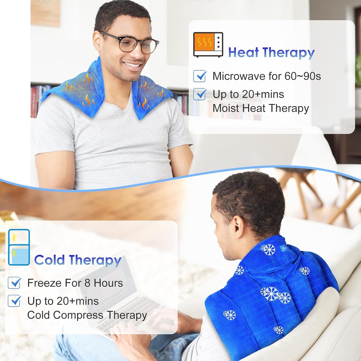 Atsuwell Large Microwave Heating Pad for Back, 22 x 13 '' Full Back Heat Pad Microwavable with Warm and Cold Compression, Reusable Microwavable Heating Pads for Neck Shoulder, Blue