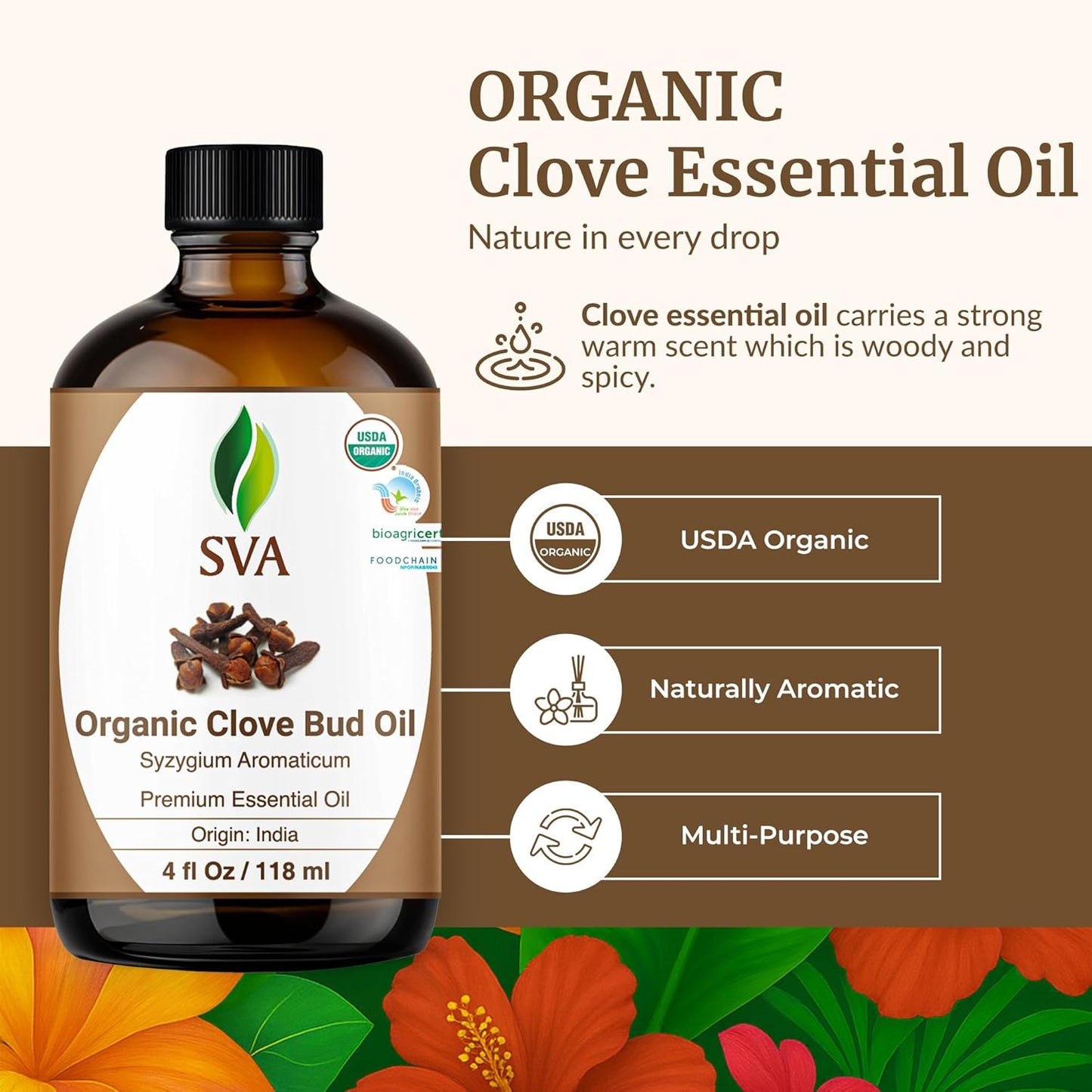 SVA Clove Essential Oil Organic – 4 Fl Oz – 100% Natural Organic Clove Oil - for Diffuser, Hair Care, Face, Skin Care, Aromatherapy, Scalp and Body Massage, Soap and Candle Making - with Dropper
