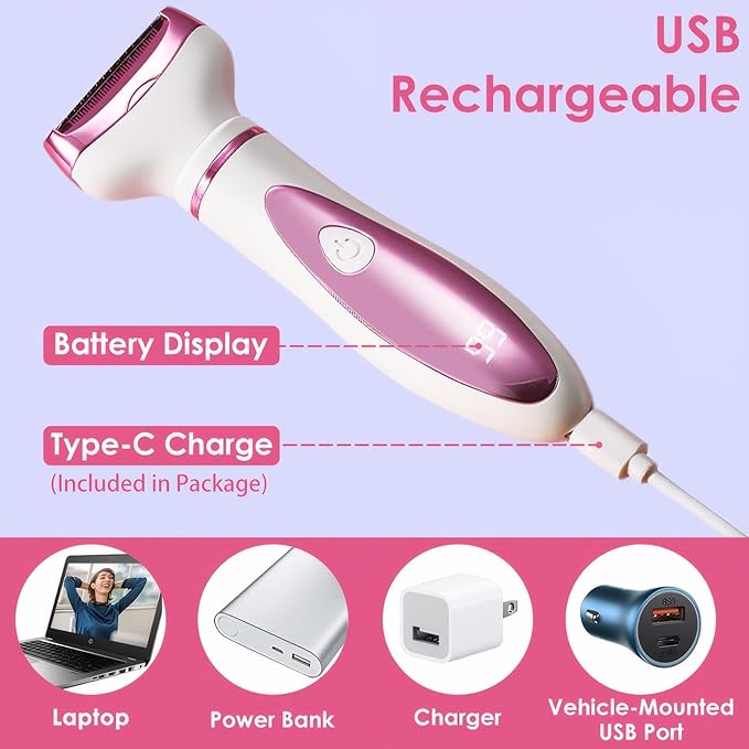 Upgraded 4 in 1 Electric Razors for Women, Portable Shaver with Digital LED Battery Display, Rechargeable Women Electric Trimmer for Face Arm Body Legs Underarm Bikini