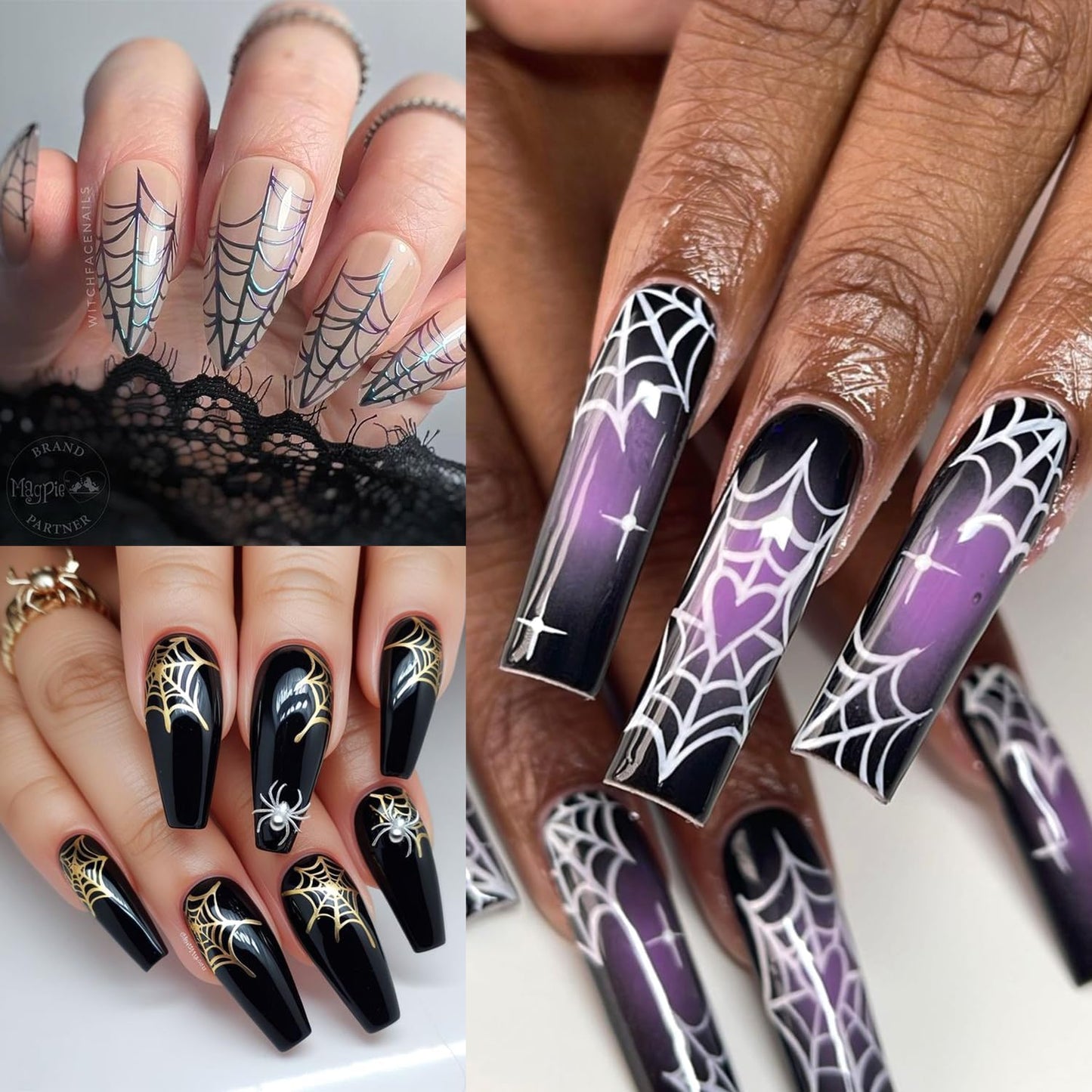 3D Spider Rhinestones Nail Art Stickers Decals Halloween Nails Sticker Black White Gold Silver Rainbow Spider Web Nails Decals Self-Adhesive Spider Nail Art Decal for Women Halloween Decor (5 Sheets)
