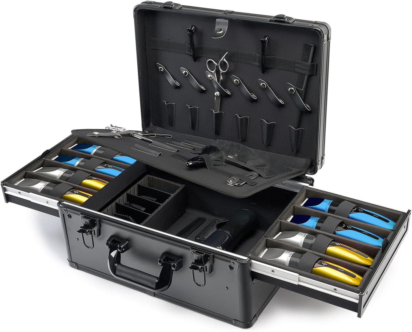 MoyRetty Professional Barber Case, Barber Suitcase 6 Clipper Slots & 8 Shear Holders, 17.13" Portable Aluminum Organizer for Hair Stylists & Pet Groomers-Black