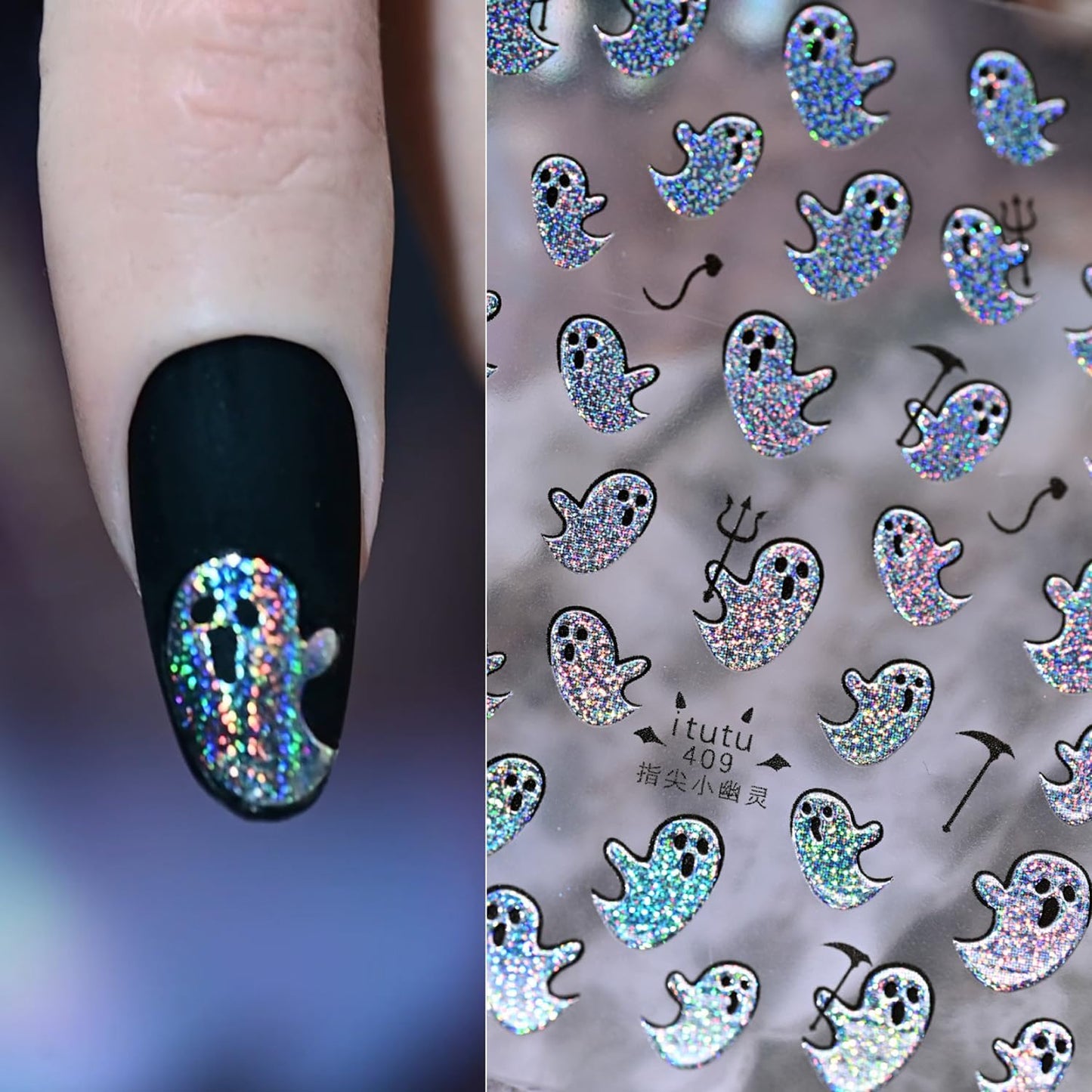 Halloween Nail Stickers for Nail Art Colorful Glitter Silver Cute Ghost Nail Art Stickers 5D Embossed Nail Decals 3D Self-Adhesive Nails Supply Manicure Sliders for Nails Decoration