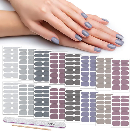 DANNEASY 16 Sheets Nail Wraps for Women Nail Polish Strips Solid Color Self Adhesive Nail Polish Stickers Stick On Nails Nail Art Accessories with 1pc Nail File, Cuticle Stick (Gray)